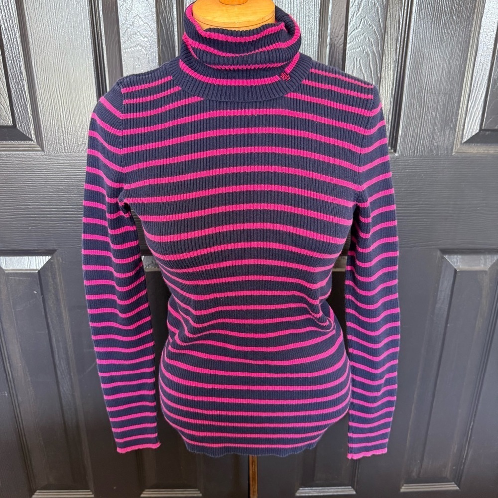 Lauren Ralph Lauren 100% Cotton Striped Turtleneck Sweater Navy Pink Size M